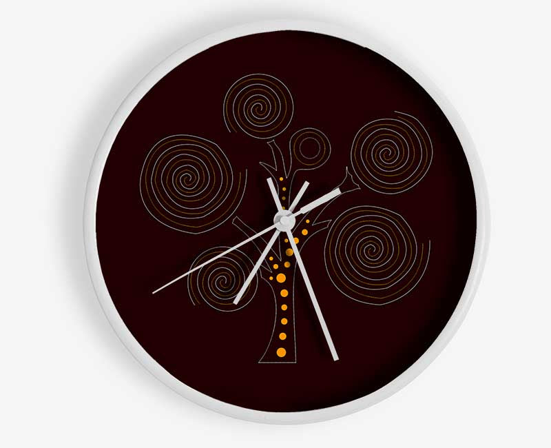 Aboriginal Tree 3 clock made from natural bamboo with a round face and clear Plexiglas lens, available in black, white, and natural frame colors.